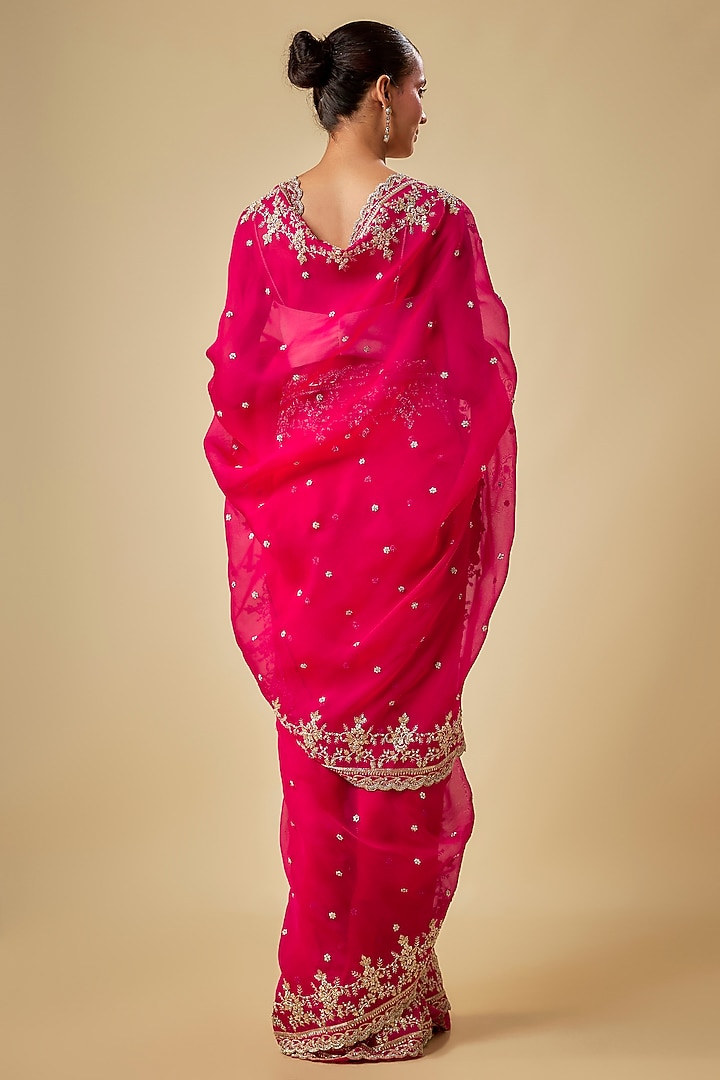 Hot Pink Organza Hand Embroidered Reception Saree Set by Anushree Reddy at Pernia's Pop Up Shop