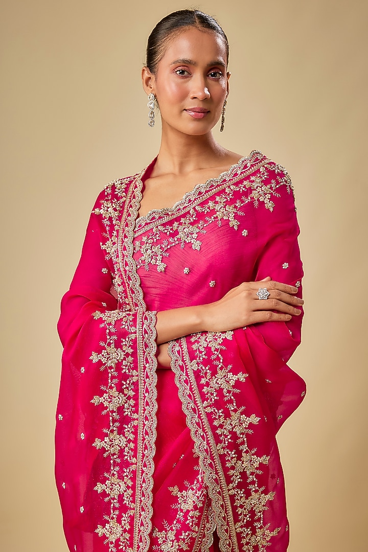 Hot Pink Organza Hand Embroidered Reception Saree Set by Anushree Reddy at Pernia's Pop Up Shop