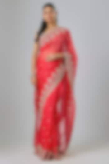 Red Organza Hand Embroidered Reception Saree Set by Anushree Reddy at Pernia's Pop Up Shop