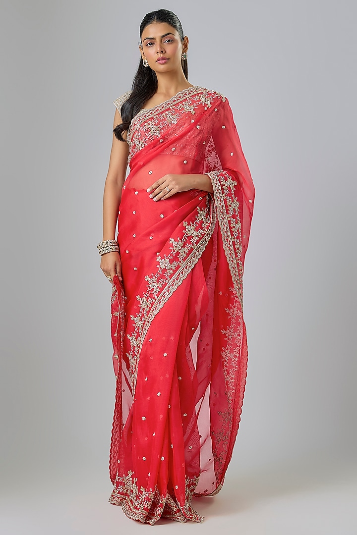 Red Organza Hand Embroidered Reception Saree Set by Anushree Reddy at Pernia's Pop Up Shop