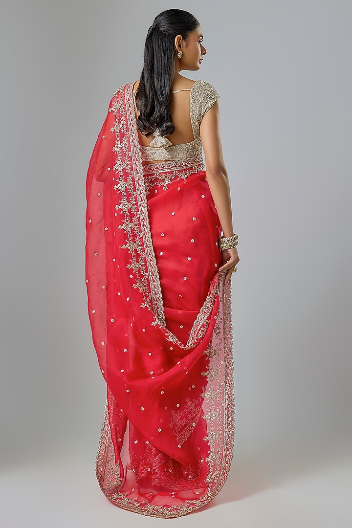 Red Organza Hand Embroidered Reception Saree Set by Anushree Reddy at Pernia's Pop Up Shop