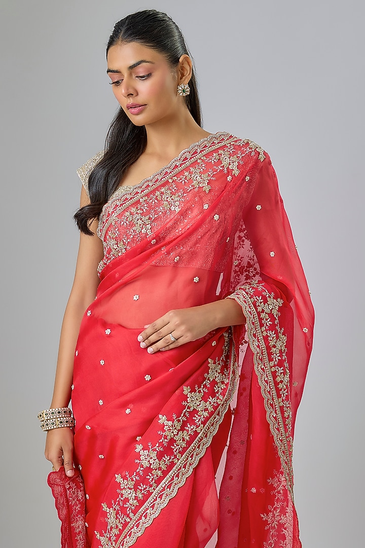 Red Organza Hand Embroidered Reception Saree Set by Anushree Reddy at Pernia's Pop Up Shop