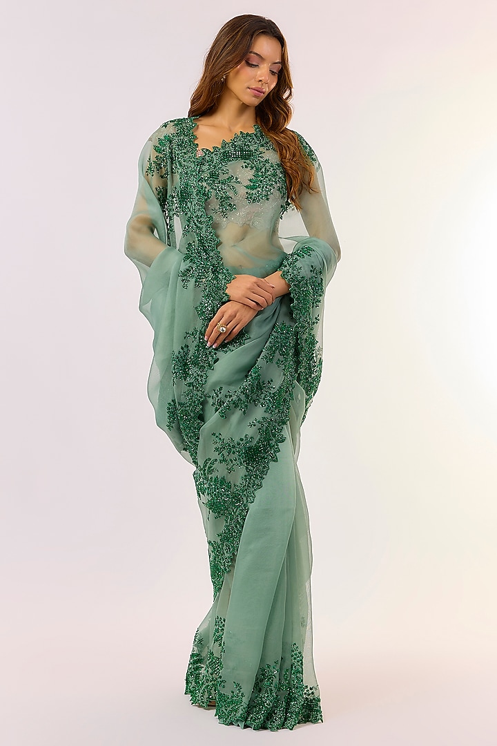 Sea Blue Organza Bridal Saree Set by Anushree Reddy at Pernia's Pop Up Shop