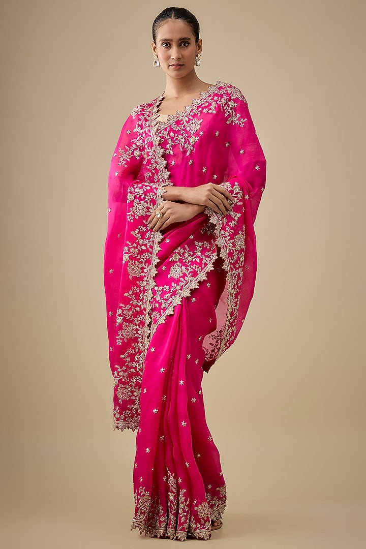 Hot Pink Organza Hand Embroidered Bridal Saree by Anushree Reddy at Pernia's Pop Up Shop