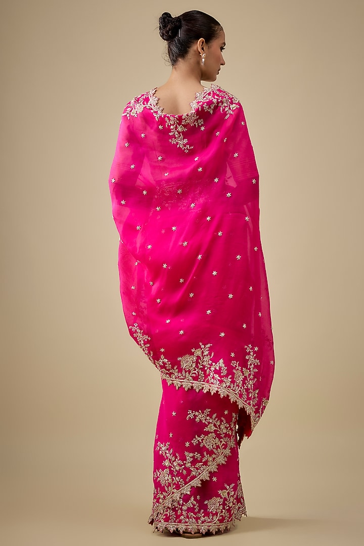 Hot Pink Organza Hand Embroidered Bridal Saree by Anushree Reddy at Pernia's Pop Up Shop