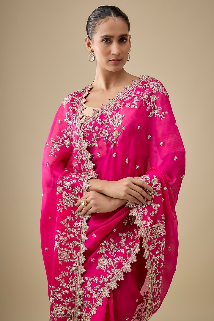 Hot Pink Organza Hand Embroidered Bridal Saree by Anushree Reddy at Pernia's Pop Up Shop