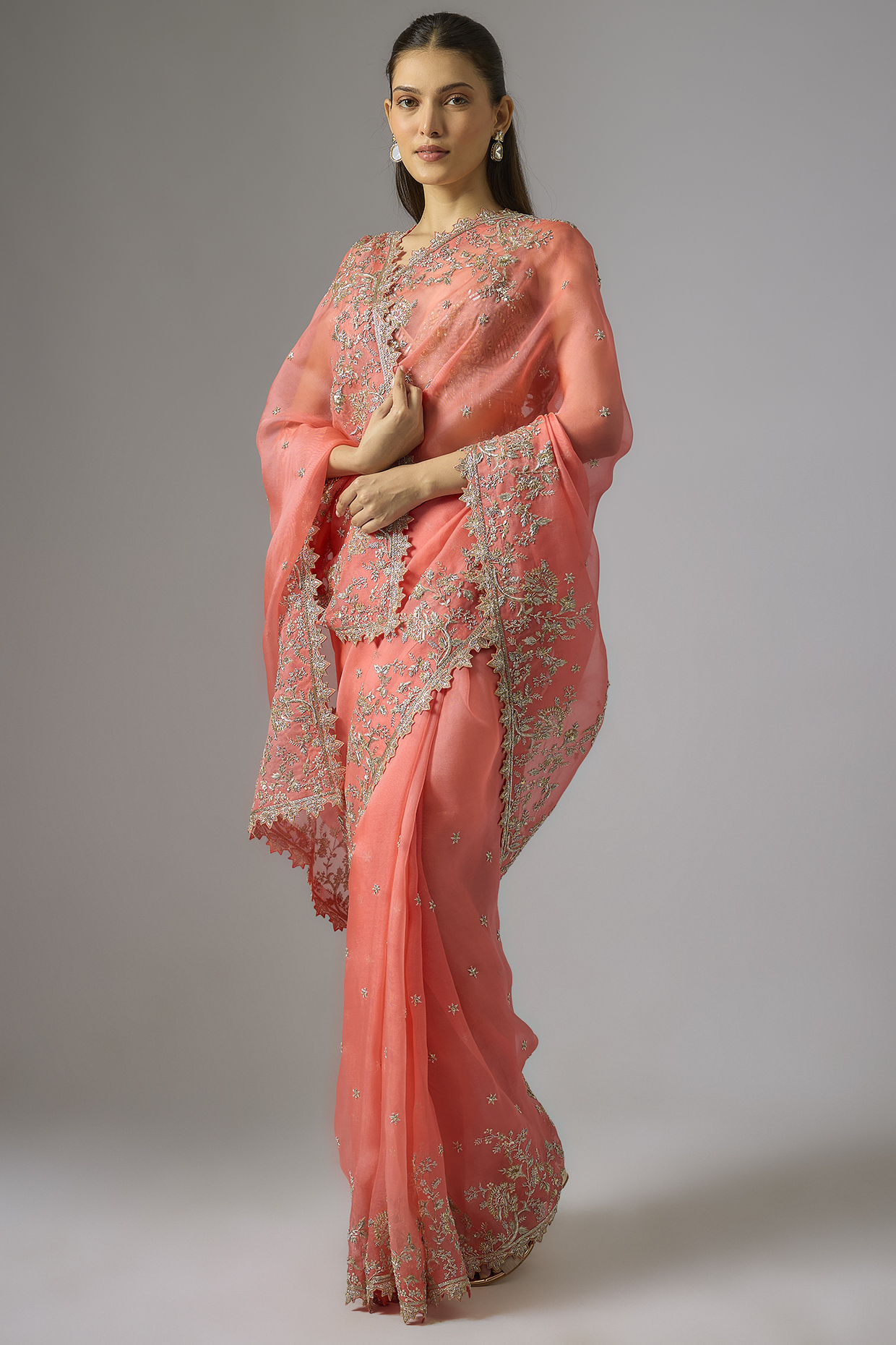 Peach Organza Hand Embroidered Bridal Saree Set by Anushree Reddy at Pernia's Pop Up Shop