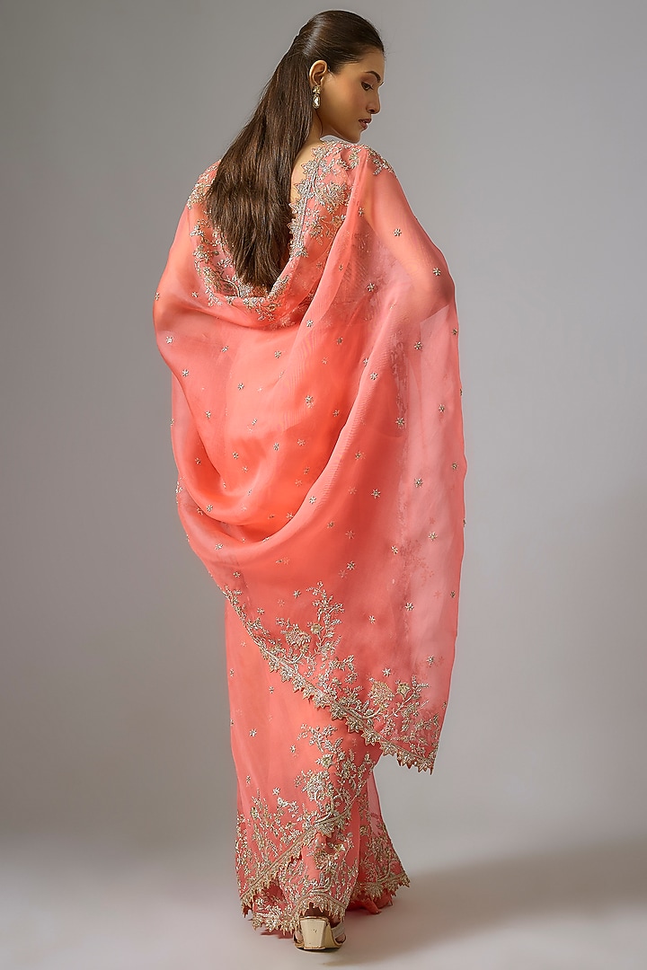 Peach Organza Hand Embroidered Bridal Saree Set by Anushree Reddy at Pernia's Pop Up Shop