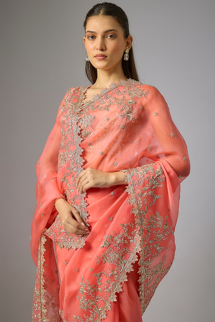Peach Organza Hand Embroidered Bridal Saree Set by Anushree Reddy at Pernia's Pop Up Shop