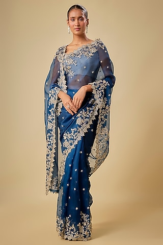 Blue Organza Hand Embroidered Saree Set by Anushree Reddy