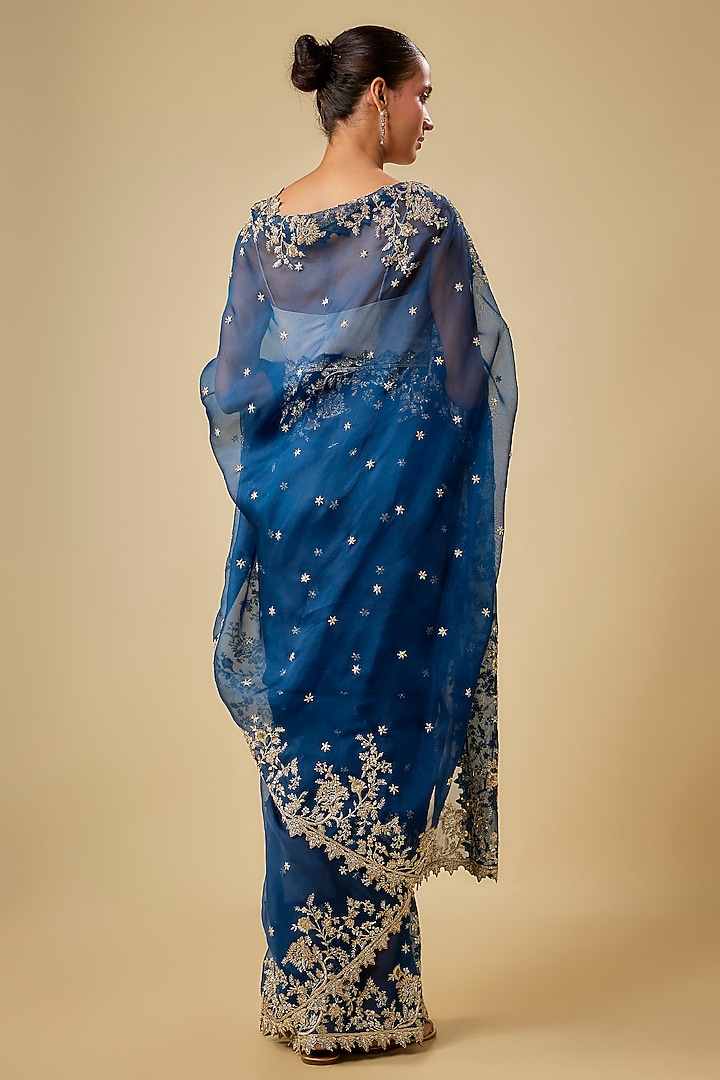 Blue Organza Hand Embroidered Bridal Saree Set by Anushree Reddy at Pernia's Pop Up Shop