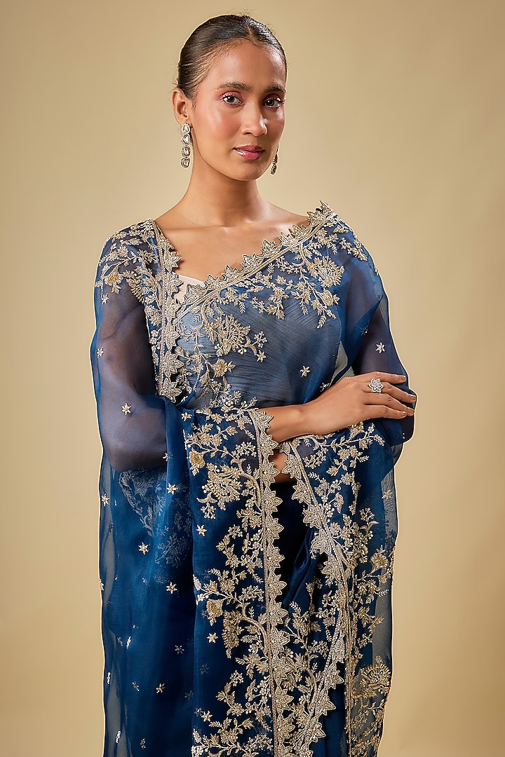 Blue Organza Hand Embroidered Bridal Saree Set by Anushree Reddy at Pernia's Pop Up Shop
