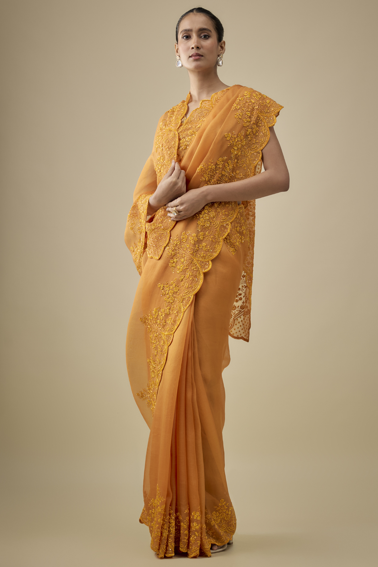 Orange Organza Hand Embroidered Reception Saree by Anushree Reddy at Pernia's Pop Up Shop