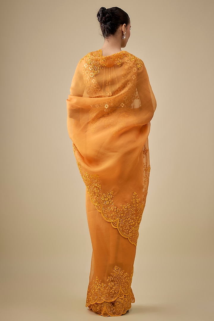 Orange Organza Hand Embroidered Reception Saree by Anushree Reddy at Pernia's Pop Up Shop