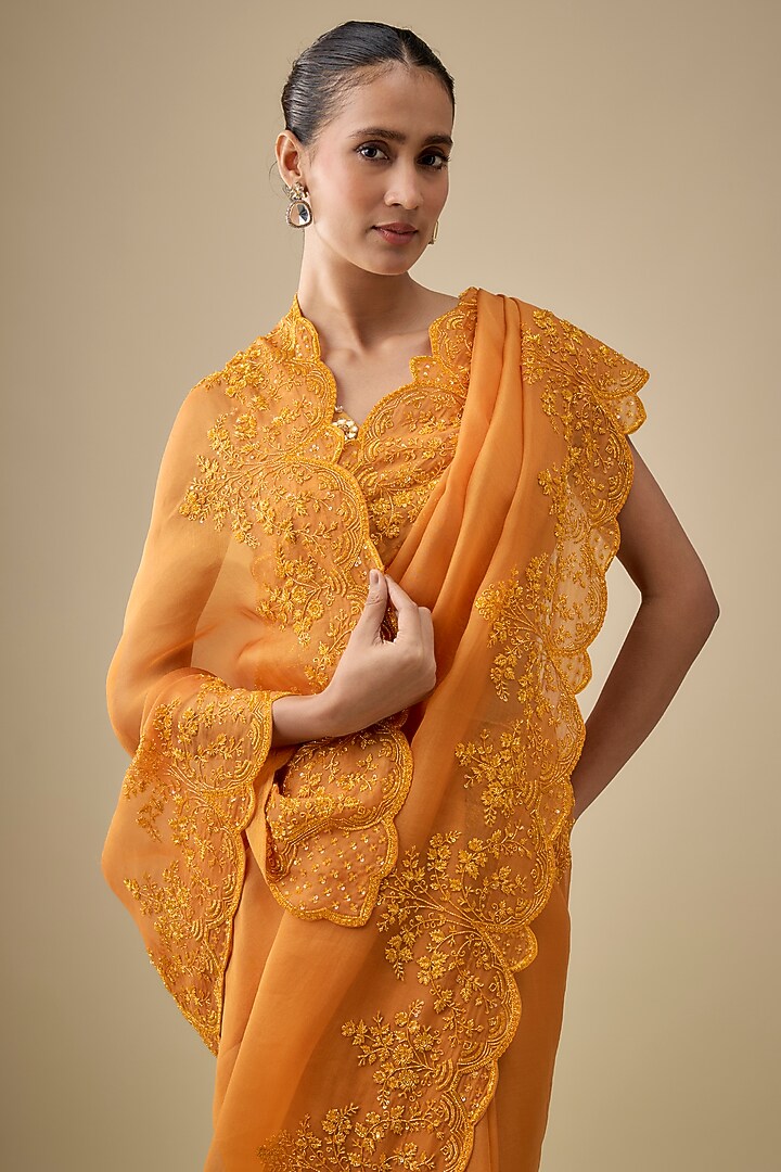 Orange Organza Hand Embroidered Reception Saree by Anushree Reddy at Pernia's Pop Up Shop