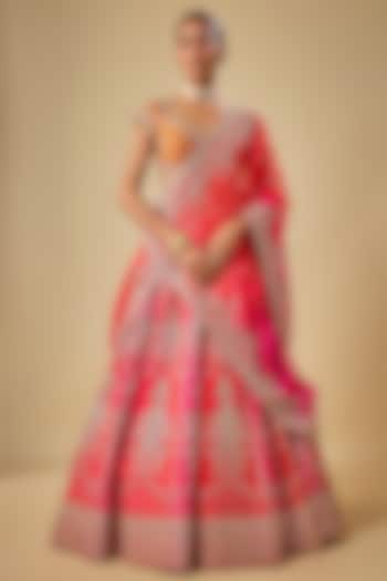 Red & Hot Pink Raw Silk Hand Embroidered Bridal Lehenga Set by Anushree Reddy at Pernia's Pop Up Shop