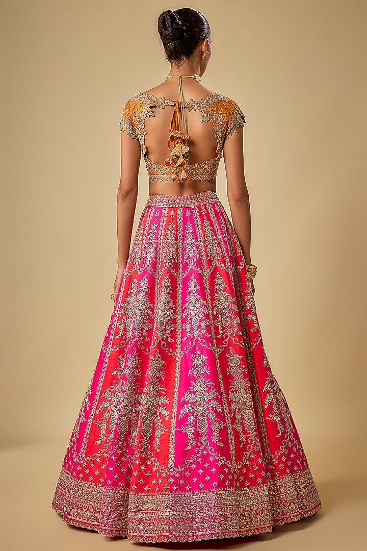 Red & Hot Pink Raw Silk Hand Embroidered Bridal Lehenga Set by Anushree Reddy at Pernia's Pop Up Shop