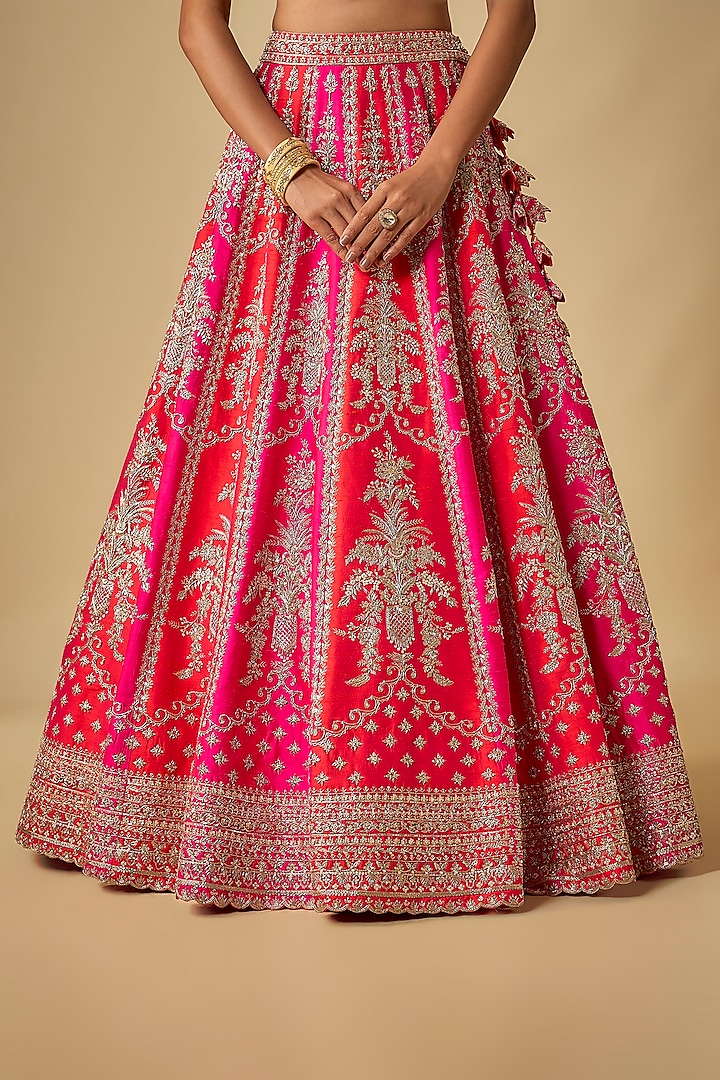 Red & Hot Pink Raw Silk Hand Embroidered Bridal Lehenga Set by Anushree Reddy at Pernia's Pop Up Shop