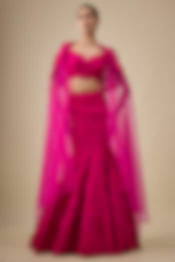 Pink Organza Embroidered Cape Bridal Lehenga Set by Anushree Reddy at Pernia's Pop Up Shop