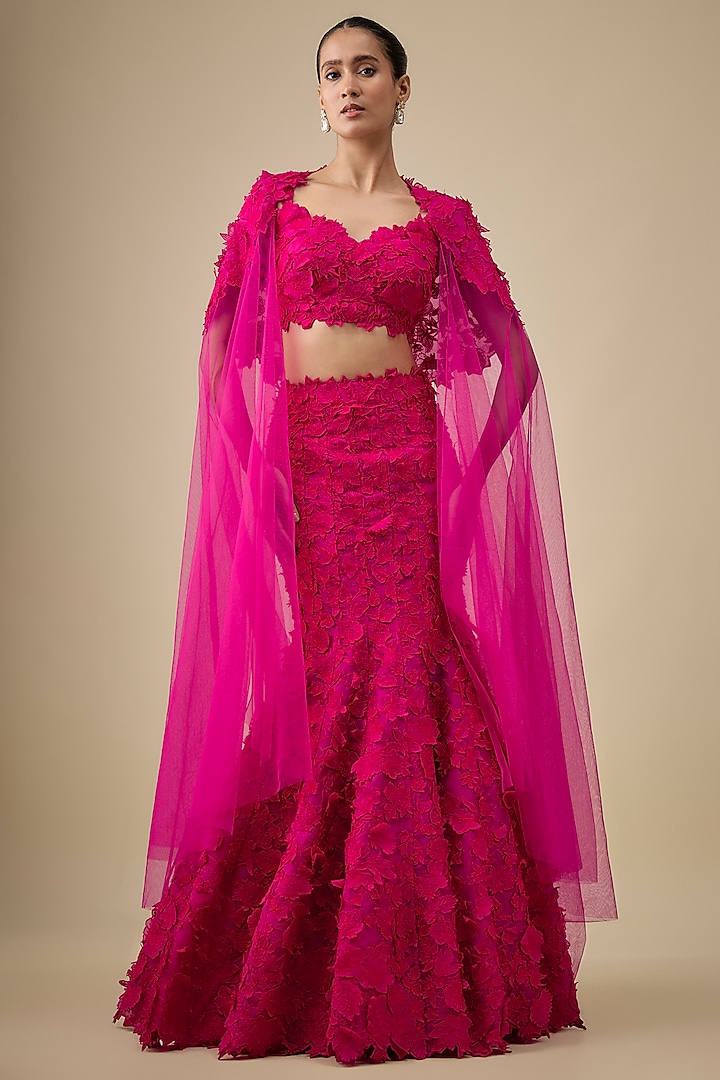 Pink Organza Embroidered Cape Bridal Lehenga Set by Anushree Reddy at Pernia's Pop Up Shop