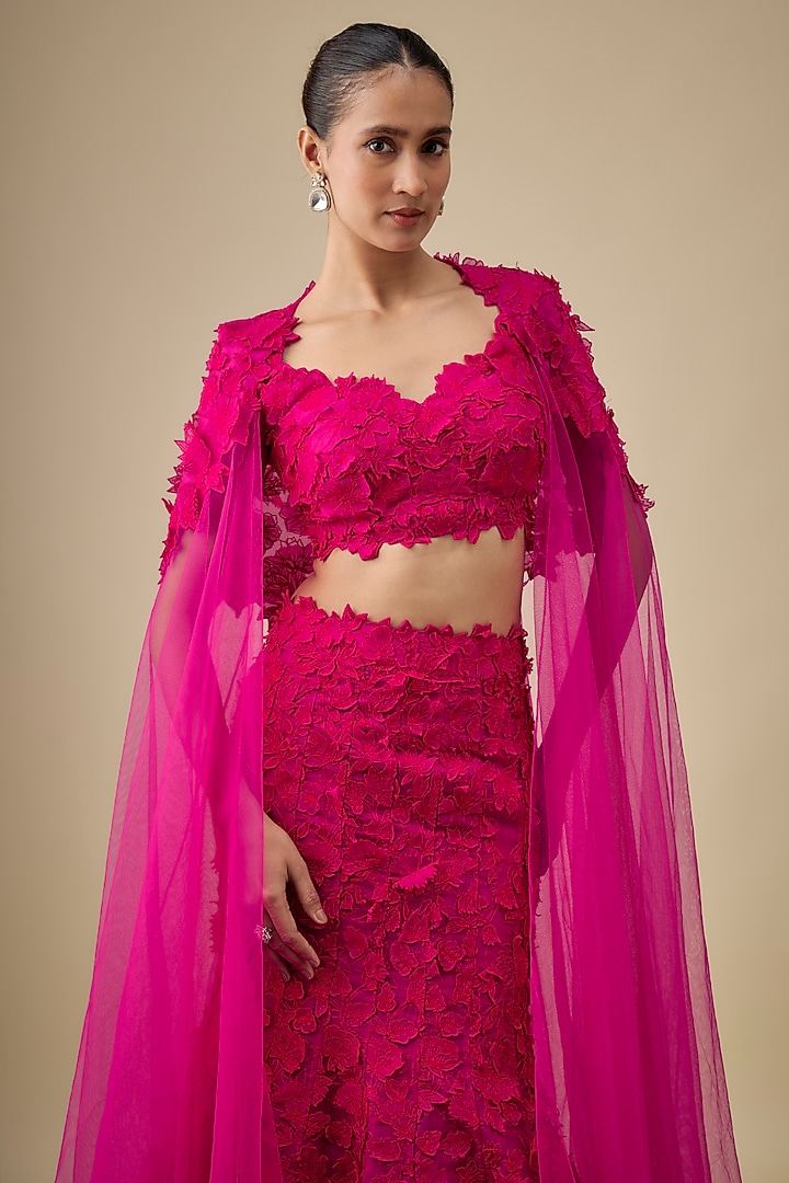 Pink Organza Embroidered Cape Bridal Lehenga Set by Anushree Reddy at Pernia's Pop Up Shop