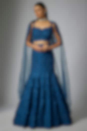 Navy Blue Organza Hand & Machine Embroidered Bridal Lehenga Set by Anushree Reddy at Pernia's Pop Up Shop