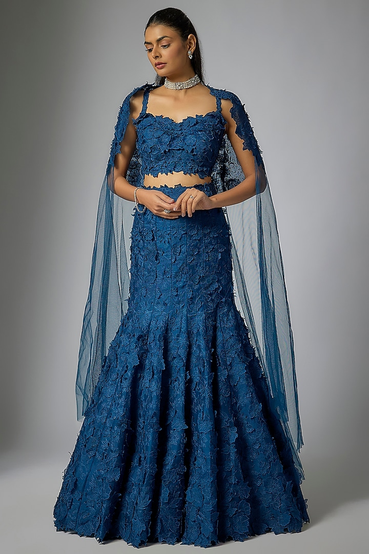 Navy Blue Organza Hand & Machine Embroidered Bridal Lehenga Set by Anushree Reddy at Pernia's Pop Up Shop