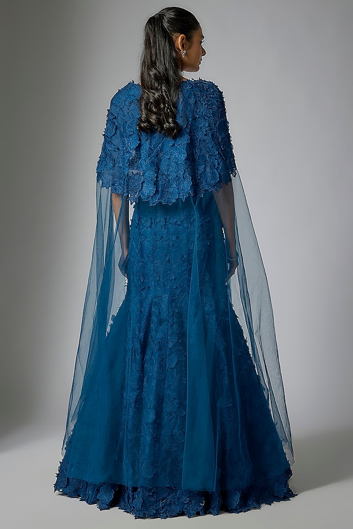 Navy Blue Organza Hand & Machine Embroidered Bridal Lehenga Set by Anushree Reddy at Pernia's Pop Up Shop