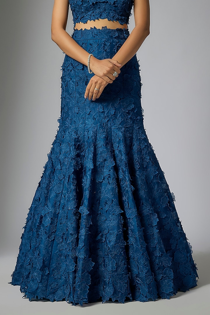 Navy Blue Organza Hand & Machine Embroidered Bridal Lehenga Set by Anushree Reddy at Pernia's Pop Up Shop