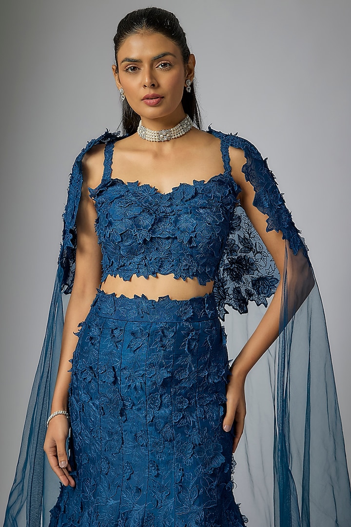 Navy Blue Organza Hand & Machine Embroidered Bridal Lehenga Set by Anushree Reddy at Pernia's Pop Up Shop