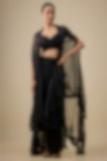 Black Chiffon & Organza Hand Embroidered Ruched Cape Set by Anushree Reddy at Pernia's Pop Up Shop