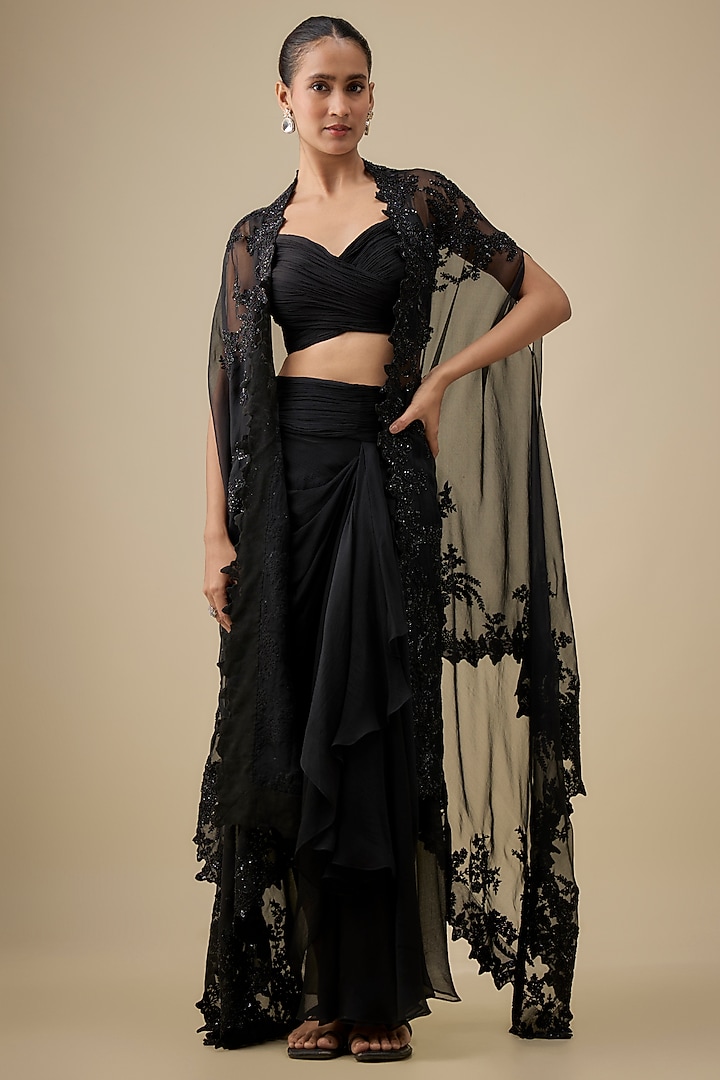Black Chiffon & Organza Hand Embroidered Ruched Cape Set by Anushree Reddy at Pernia's Pop Up Shop
