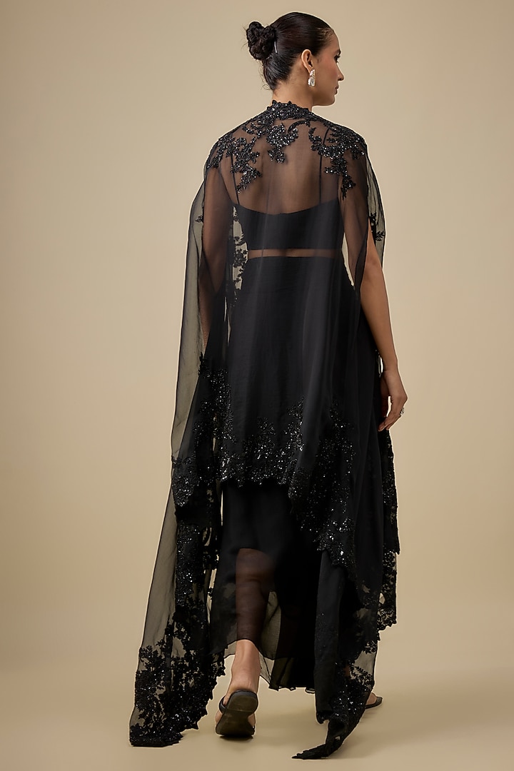 Black Chiffon & Organza Hand Embroidered Ruched Cape Set by Anushree Reddy at Pernia's Pop Up Shop