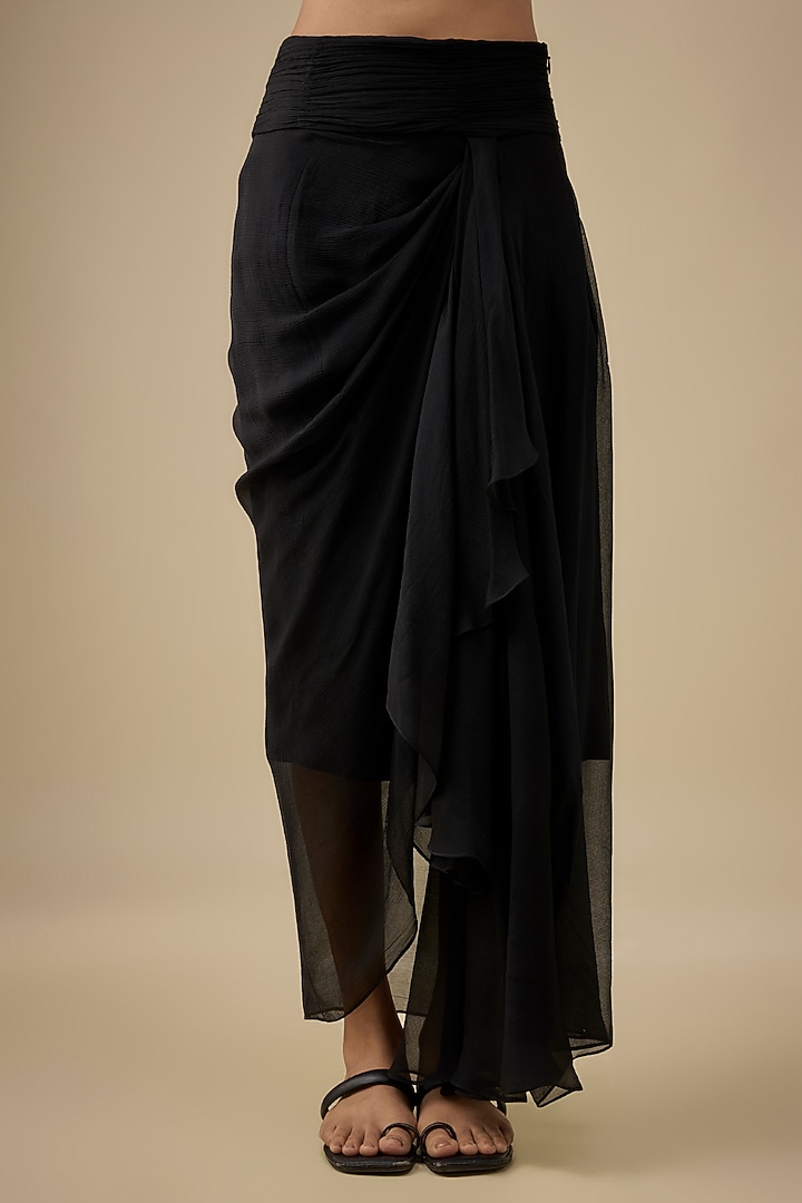 Black Chiffon & Organza Hand Embroidered Ruched Cape Set by Anushree Reddy at Pernia's Pop Up Shop