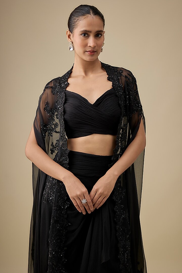 Black Chiffon & Organza Hand Embroidered Ruched Cape Set by Anushree Reddy at Pernia's Pop Up Shop