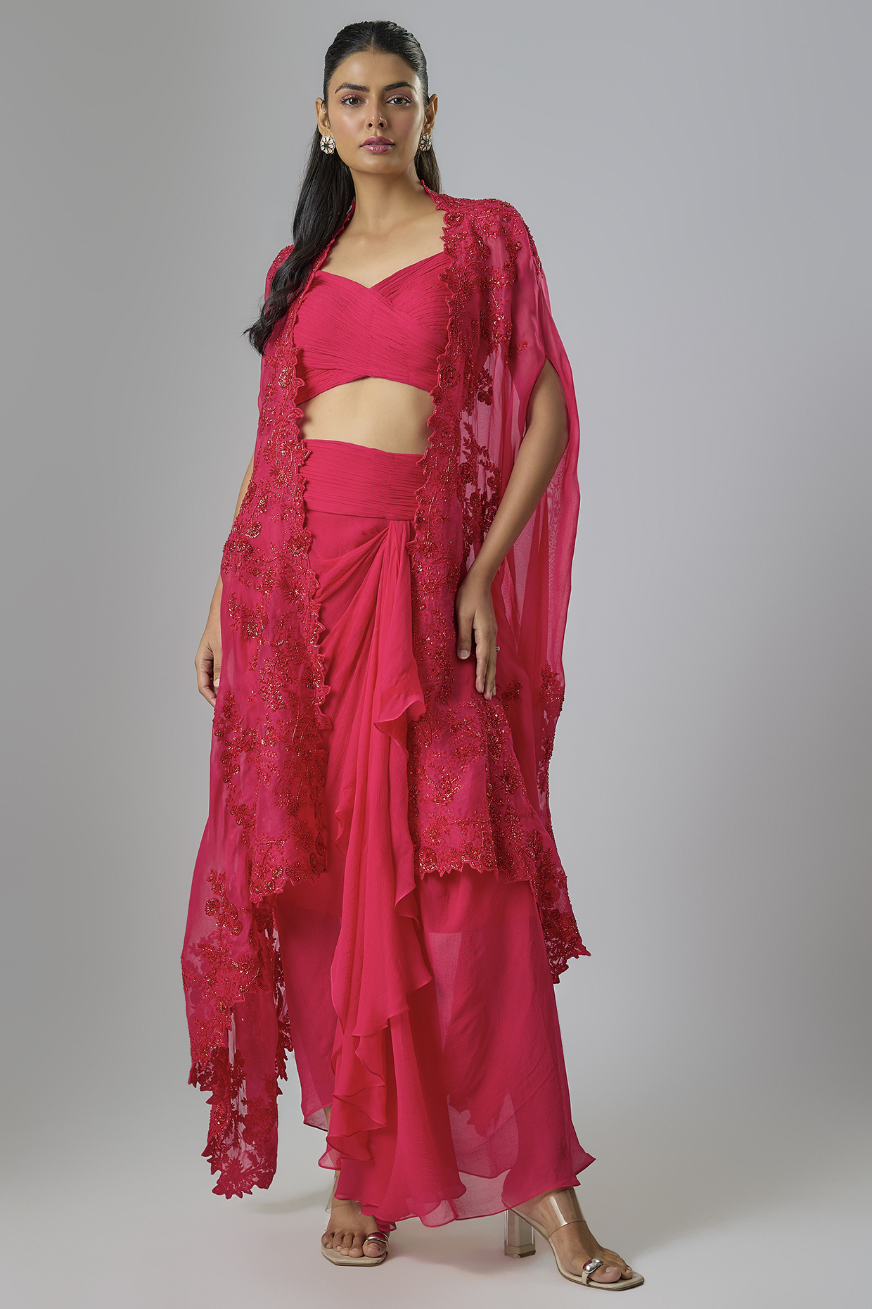 Red Chiffon Hand & Machine Embroidered Cape Set by Anushree Reddy at Pernia's Pop Up Shop