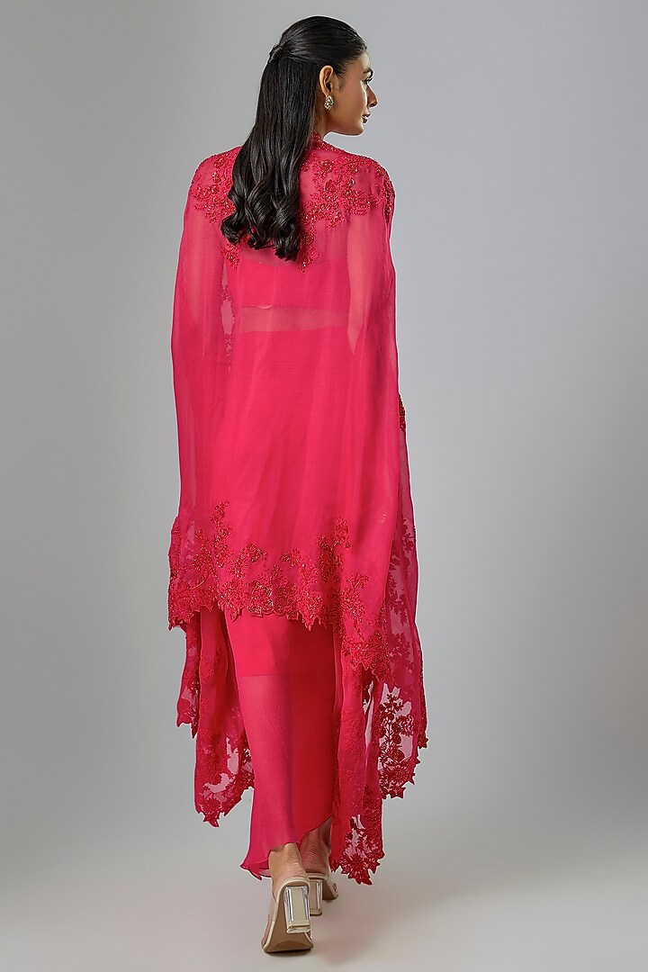 Red Chiffon Hand & Machine Embroidered Cape Set by Anushree Reddy at Pernia's Pop Up Shop