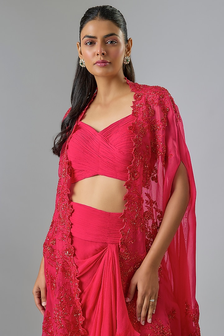 Red Chiffon Hand & Machine Embroidered Cape Set by Anushree Reddy at Pernia's Pop Up Shop
