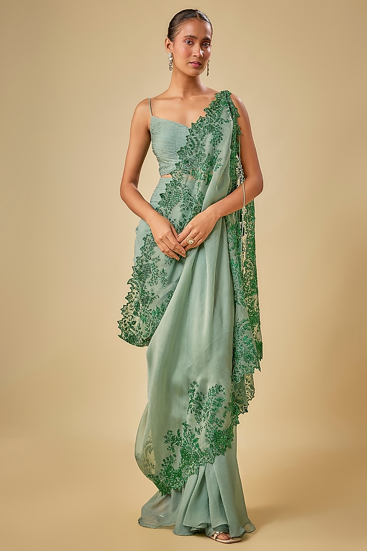 Sea Blue Chiffon Cutdana Hand Embroidered Cape Set by Anushree Reddy at Pernia's Pop Up Shop