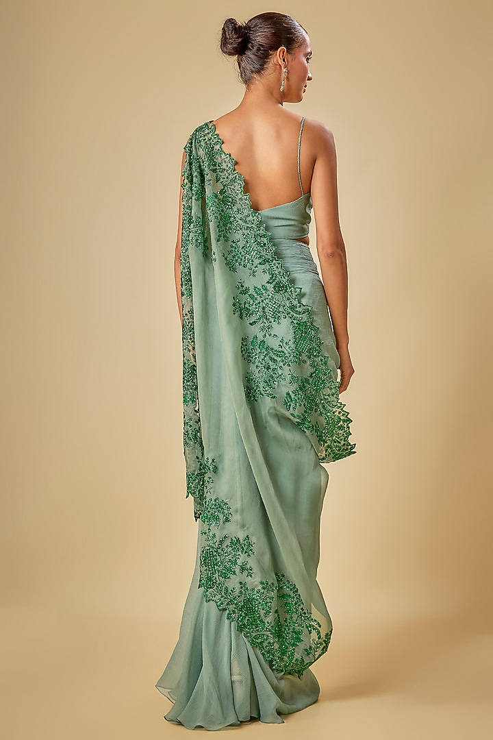Sea Blue Chiffon Cutdana Hand Embroidered Cape Set by Anushree Reddy at Pernia's Pop Up Shop