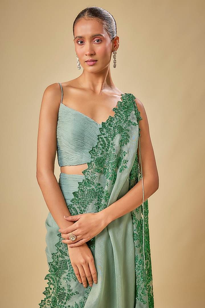 Sea Blue Chiffon Cutdana Hand Embroidered Cape Set by Anushree Reddy at Pernia's Pop Up Shop