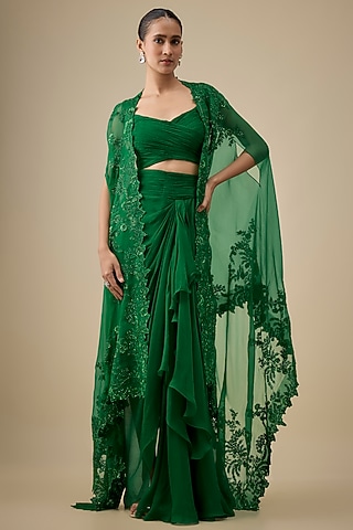 Emerald Green Chiffon & Organza Hand Embroidered Ruched Cape Set by Anushree Reddy