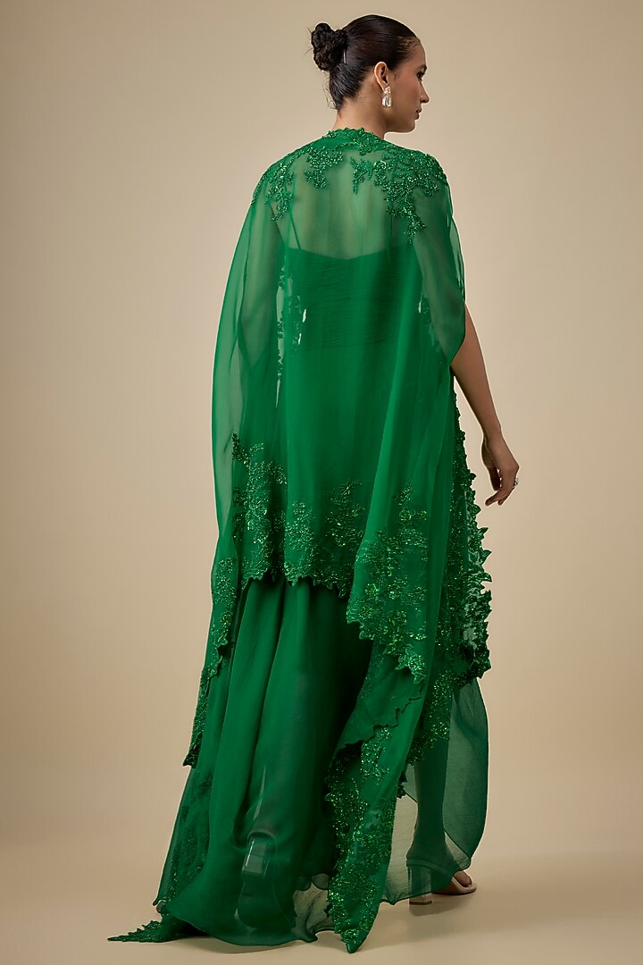 Emerald Green Chiffon & Organza Hand Embroidered Ruched Cape Set by Anushree Reddy at Pernia's Pop Up Shop