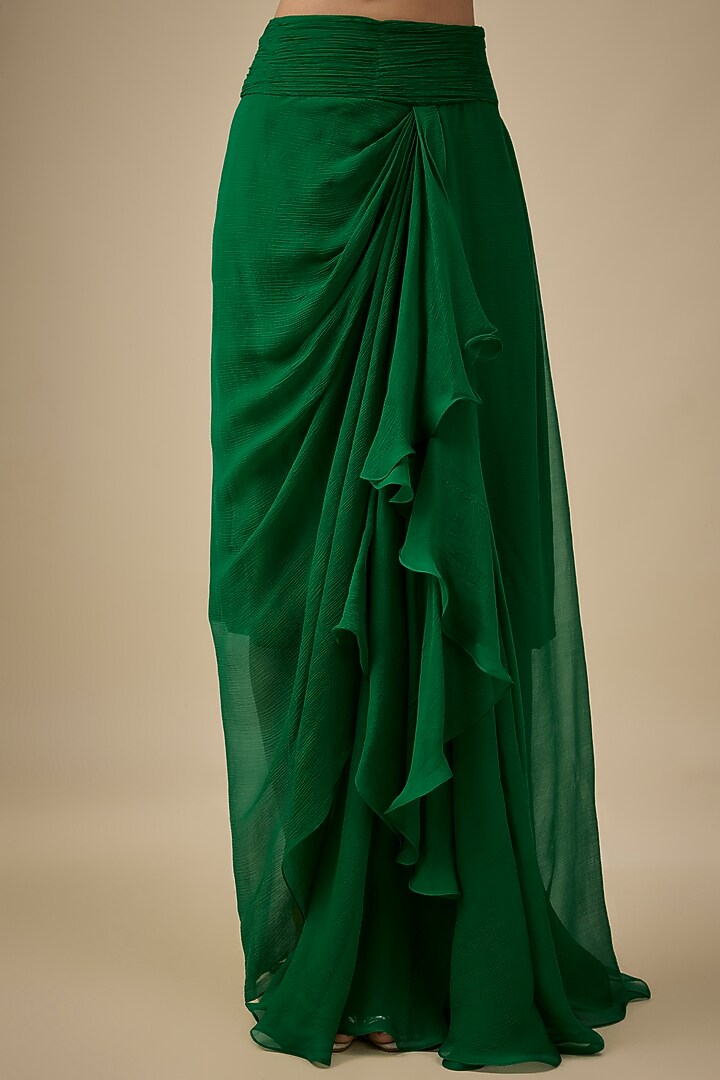 Emerald Green Chiffon & Organza Hand Embroidered Ruched Cape Set by Anushree Reddy at Pernia's Pop Up Shop