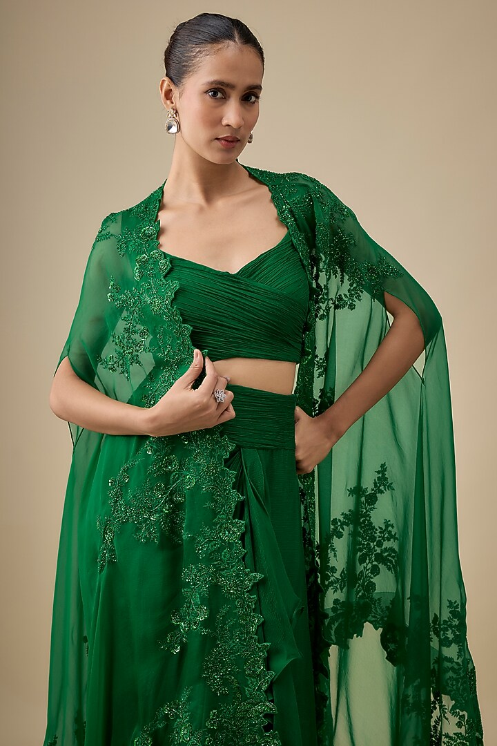 Emerald Green Chiffon & Organza Hand Embroidered Ruched Cape Set by Anushree Reddy at Pernia's Pop Up Shop