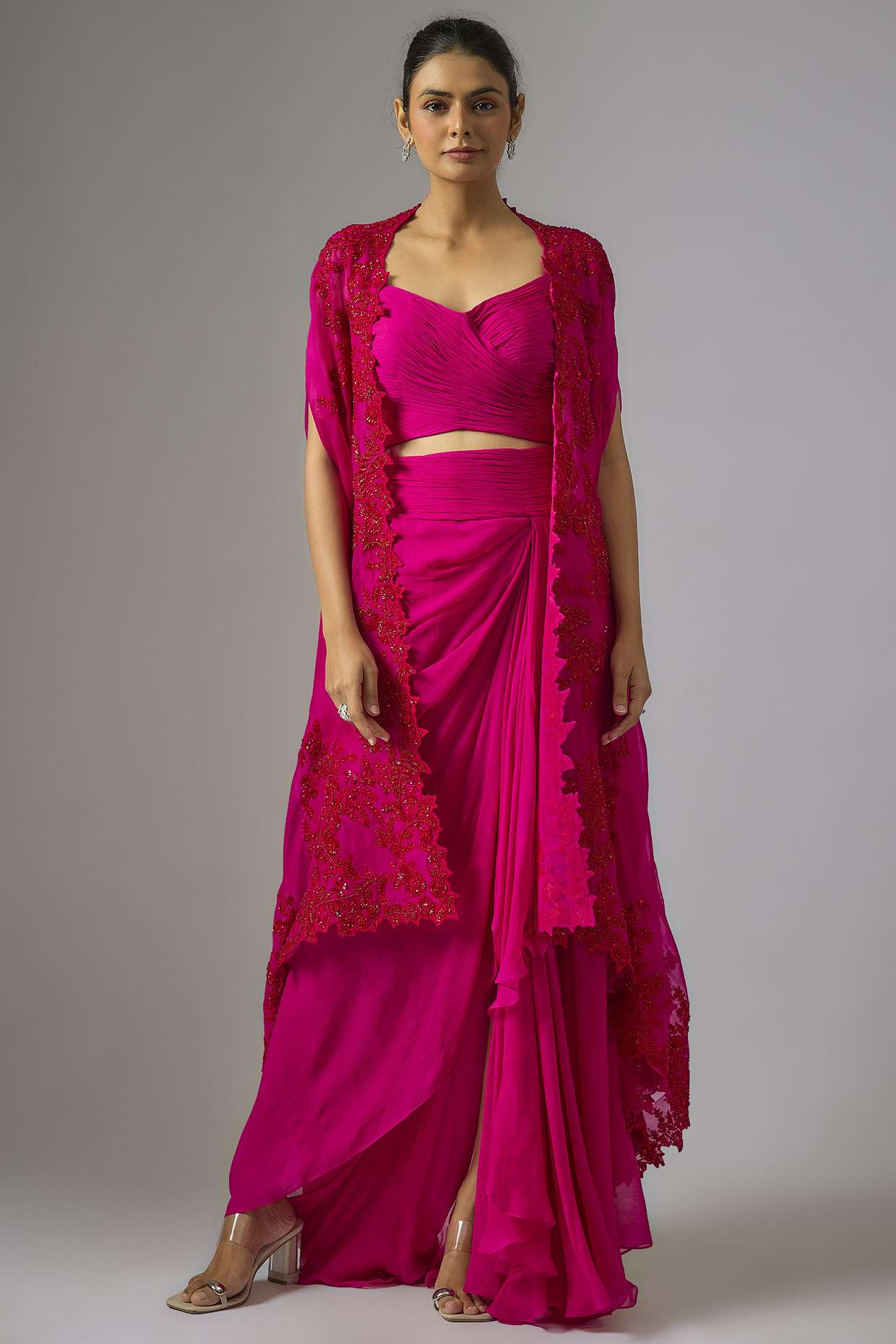 Red Chiffon Hand Embroidered Cape Set by Anushree Reddy at Pernia's Pop Up Shop