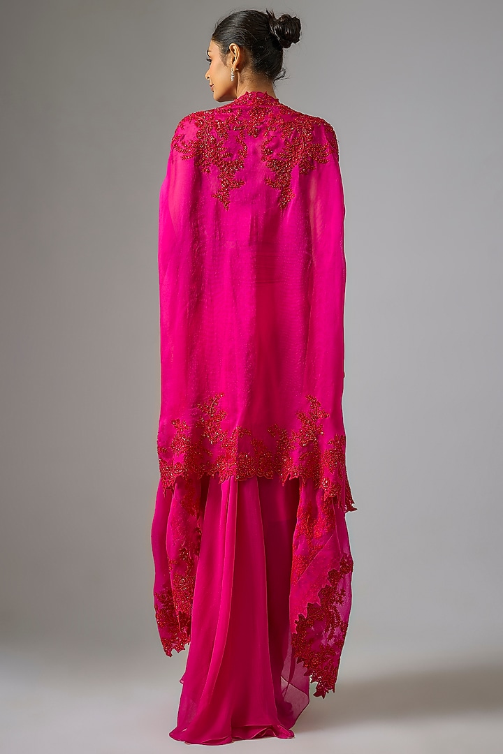 Red Chiffon Hand Embroidered Cape Set by Anushree Reddy at Pernia's Pop Up Shop