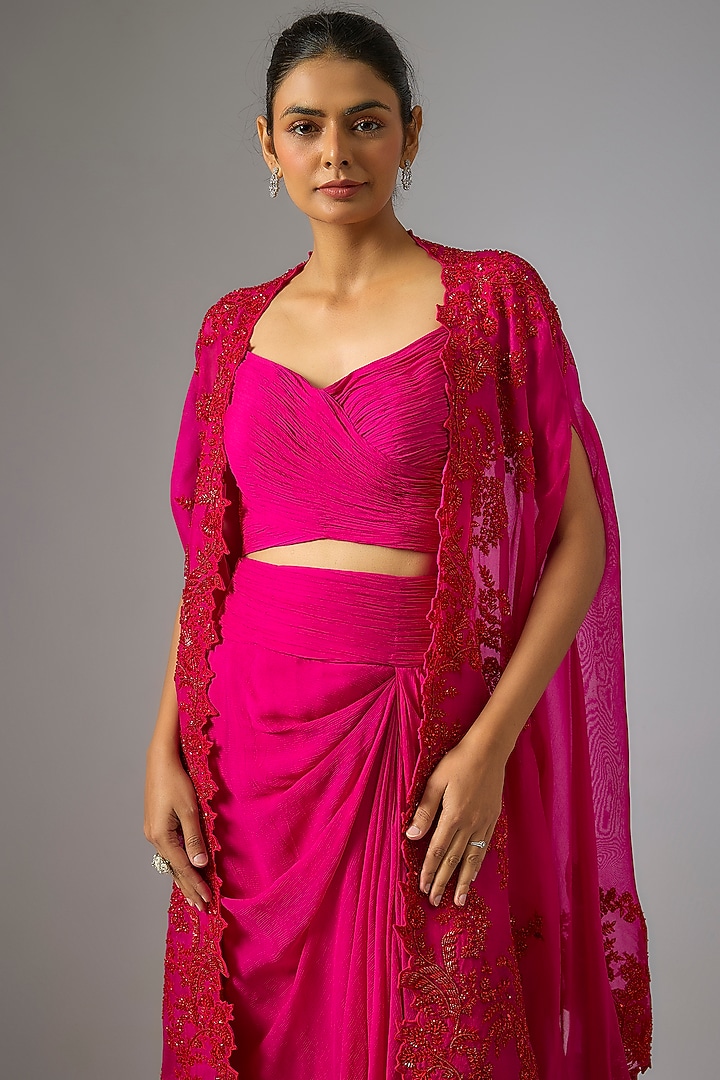 Red Chiffon Hand Embroidered Cape Set by Anushree Reddy at Pernia's Pop Up Shop