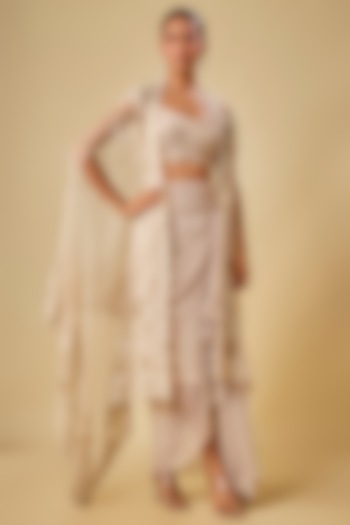 Ivory Chiffon Cutdana Hand Embroidered Cape Set by Anushree Reddy at Pernia's Pop Up Shop