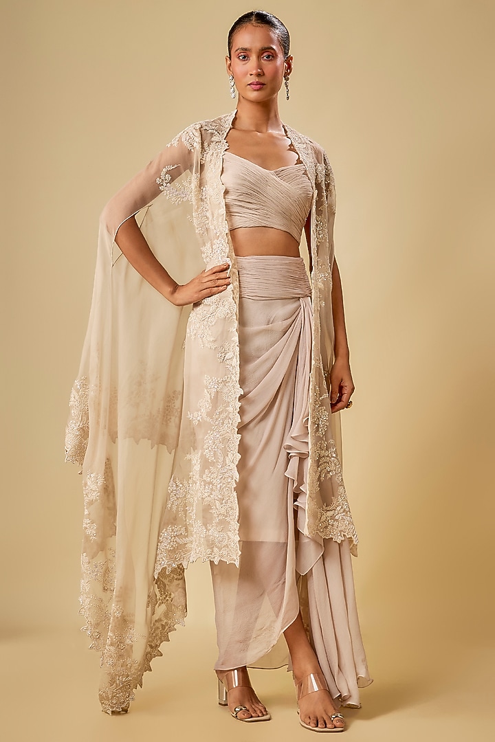Ivory Chiffon Cutdana Hand Embroidered Cape Set by Anushree Reddy at Pernia's Pop Up Shop